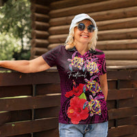 Pasifika Festival Women Polo Shirt Plumeria Turtles with Hibiscus - Polynesian Art Tattoo Pink Color