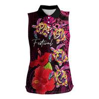 Pasifika Festival Women Sleeveless Polo Shirt Plumeria Turtles with Hibiscus - Polynesian Art Tattoo Pink Color