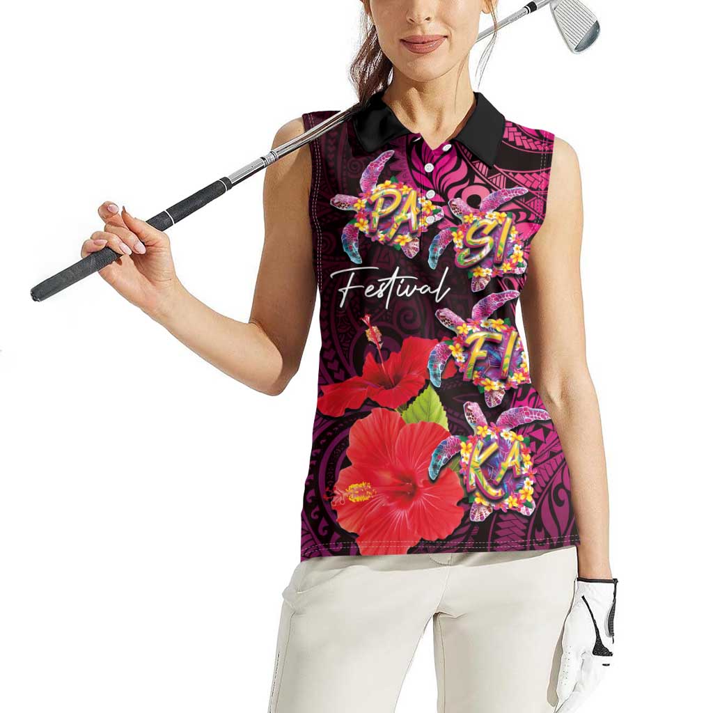 Pasifika Festival Women Sleeveless Polo Shirt Plumeria Turtles with Hibiscus - Polynesian Art Tattoo Pink Color