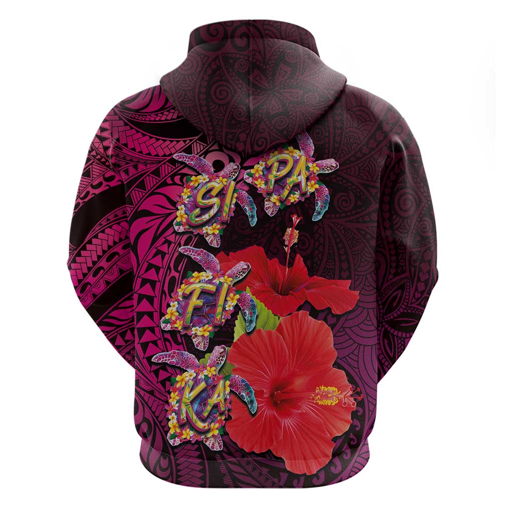 Pasifika Festival Zip Hoodie Plumeria Turtles with Hibiscus - Polynesian Art Tattoo Pink Color