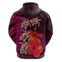 Pasifika Festival Zip Hoodie Plumeria Turtles with Hibiscus - Polynesian Art Tattoo Pink Color