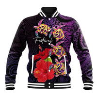 Pasifika Festival Baseball Jacket Plumeria Turtles with Hibiscus - Polynesian Art Tattoo Purple Color