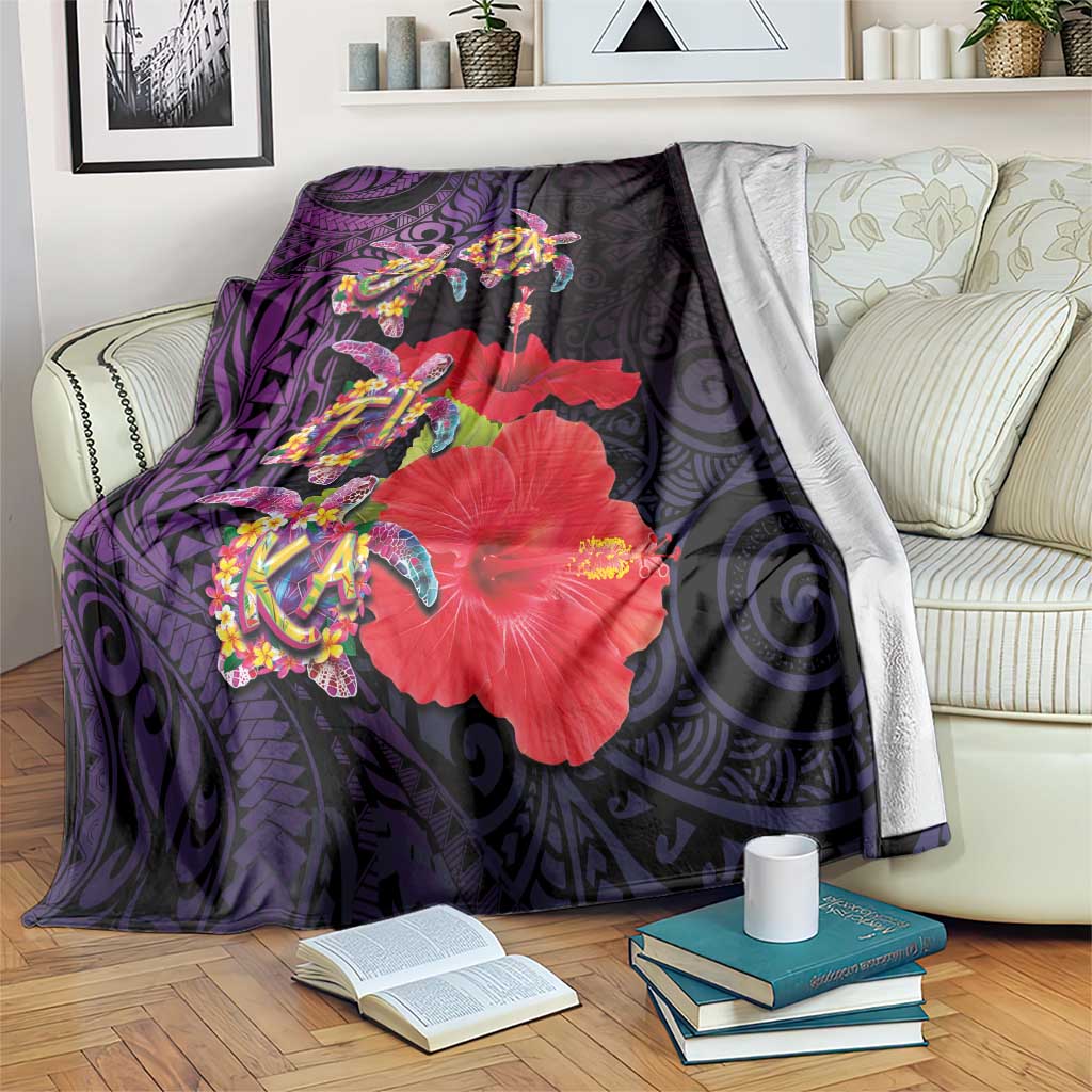 Pasifika Festival Blanket Plumeria Turtles with Hibiscus - Polynesian Art Tattoo Purple Color LT03 Purple - Polynesian Pride
