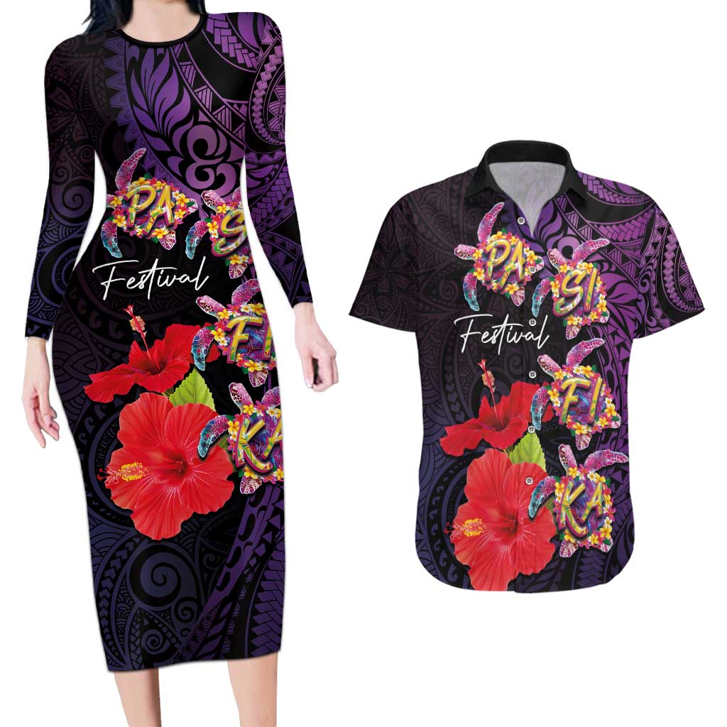 Pasifika Festival Couples Matching Long Sleeve Bodycon Dress and Hawaiian Shirt Plumeria Turtles with Hibiscus - Polynesian Art Tattoo Purple Color