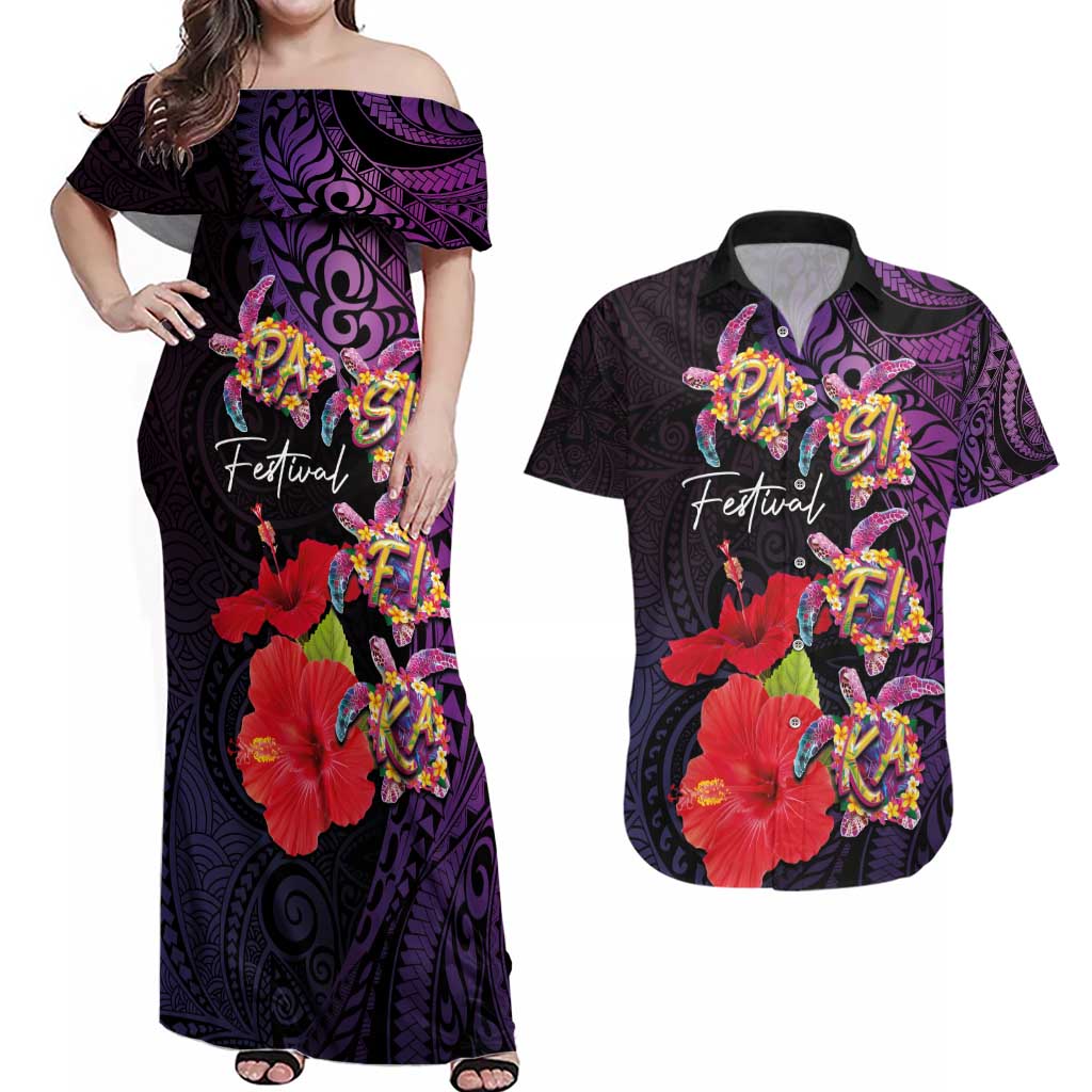 Pasifika Festival Couples Matching Off Shoulder Maxi Dress and Hawaiian Shirt Plumeria Turtles with Hibiscus - Polynesian Art Tattoo Purple Color