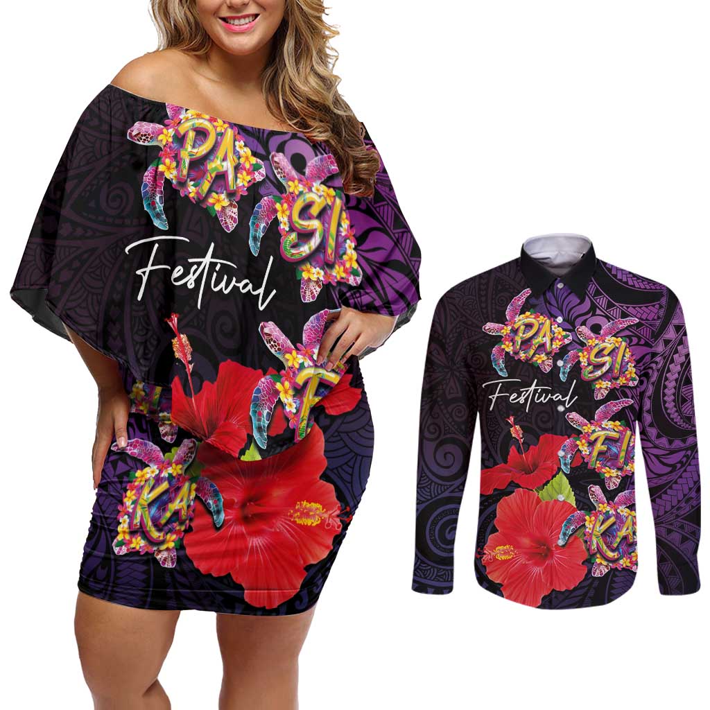 Pasifika Festival Couples Matching Off Shoulder Short Dress and Long Sleeve Button Shirt Plumeria Turtles with Hibiscus - Polynesian Art Tattoo Purple Color