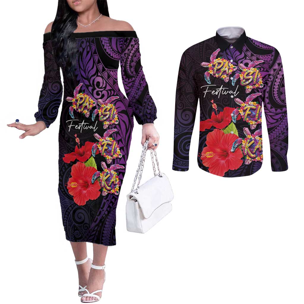 Pasifika Festival Couples Matching Off The Shoulder Long Sleeve Dress and Long Sleeve Button Shirt Plumeria Turtles with Hibiscus - Polynesian Art Tattoo Purple Color