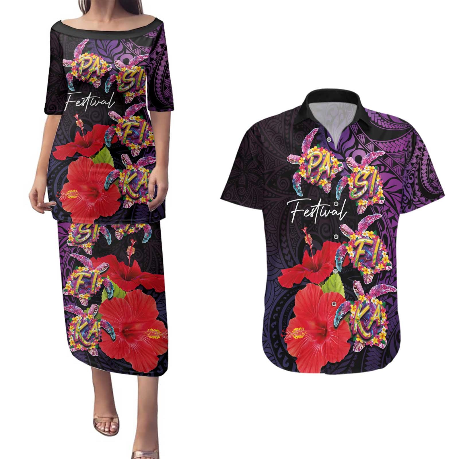 Pasifika Festival Couples Matching Puletasi and Hawaiian Shirt Plumeria Turtles with Hibiscus - Polynesian Art Tattoo Purple Color