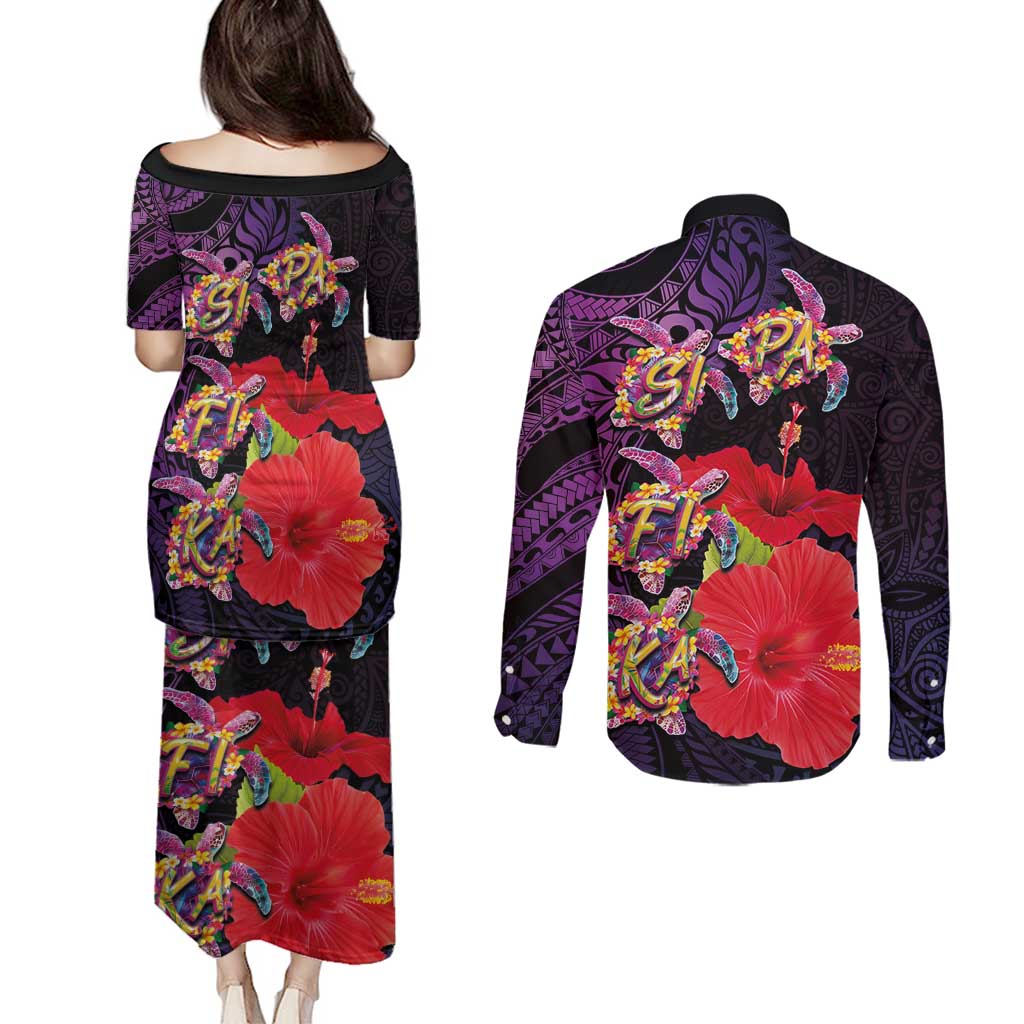 Pasifika Festival Couples Matching Puletasi and Long Sleeve Button Shirt Plumeria Turtles with Hibiscus - Polynesian Art Tattoo Purple Color