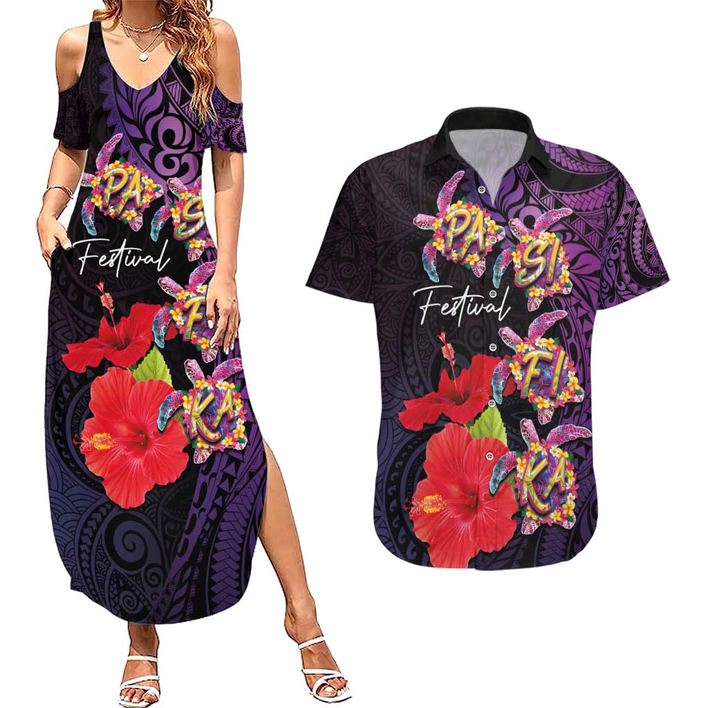 Pasifika Festival Couples Matching Summer Maxi Dress and Hawaiian Shirt Plumeria Turtles with Hibiscus - Polynesian Art Tattoo Purple Color