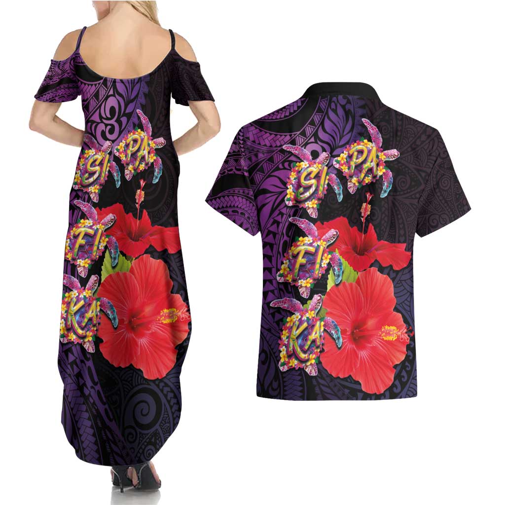 Pasifika Festival Couples Matching Summer Maxi Dress and Hawaiian Shirt Plumeria Turtles with Hibiscus - Polynesian Art Tattoo Purple Color