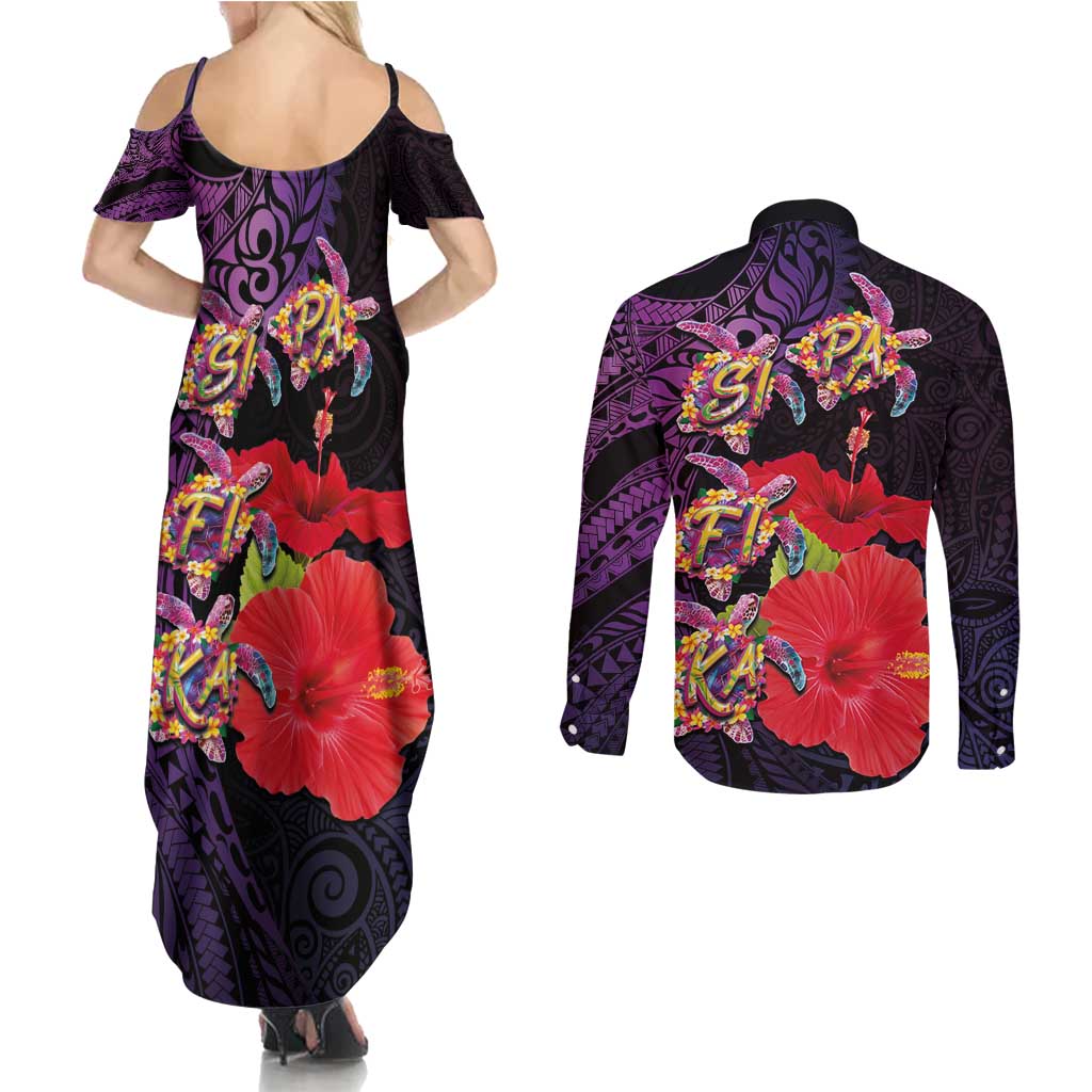 Pasifika Festival Couples Matching Summer Maxi Dress and Long Sleeve Button Shirt Plumeria Turtles with Hibiscus - Polynesian Art Tattoo Purple Color