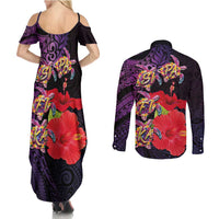 Pasifika Festival Couples Matching Summer Maxi Dress and Long Sleeve Button Shirt Plumeria Turtles with Hibiscus - Polynesian Art Tattoo Purple Color