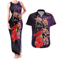 Pasifika Festival Couples Matching Tank Maxi Dress and Hawaiian Shirt Plumeria Turtles with Hibiscus - Polynesian Art Tattoo Purple Color
