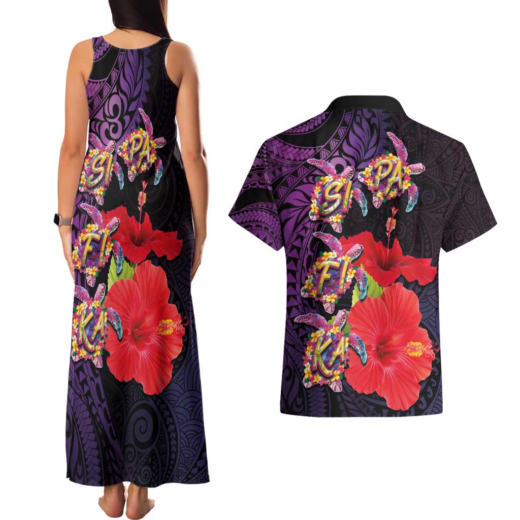 Pasifika Festival Couples Matching Tank Maxi Dress and Hawaiian Shirt Plumeria Turtles with Hibiscus - Polynesian Art Tattoo Purple Color