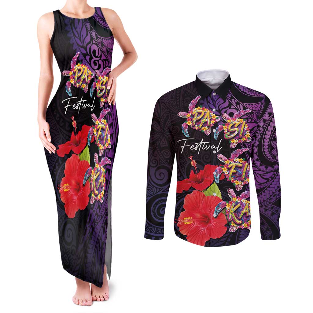 Pasifika Festival Couples Matching Tank Maxi Dress and Long Sleeve Button Shirt Plumeria Turtles with Hibiscus - Polynesian Art Tattoo Purple Color