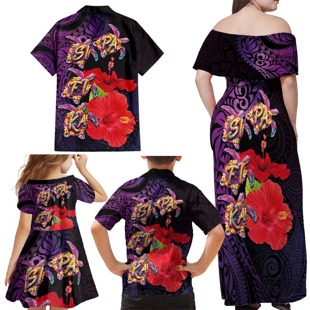 Pasifika Festival Family Matching Off Shoulder Maxi Dress and Hawaiian Shirt Plumeria Turtles with Hibiscus - Polynesian Art Tattoo Purple Color