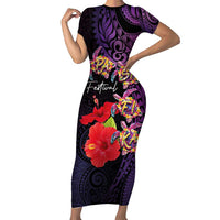 Pasifika Festival Family Matching Short Sleeve Bodycon Dress and Hawaiian Shirt Plumeria Turtles with Hibiscus - Polynesian Art Tattoo Purple Color