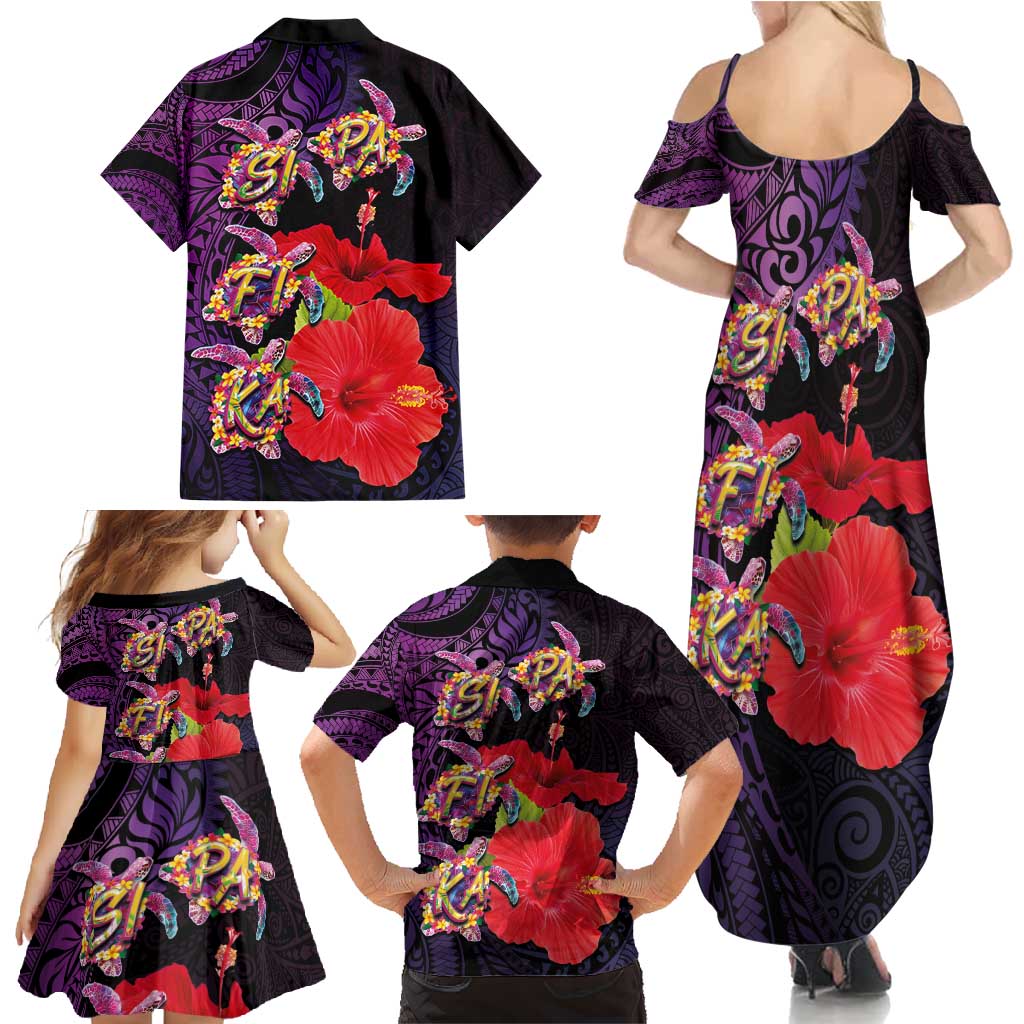 Pasifika Festival Family Matching Summer Maxi Dress and Hawaiian Shirt Plumeria Turtles with Hibiscus - Polynesian Art Tattoo Purple Color