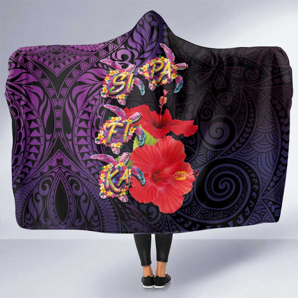 Pasifika Festival Hooded Blanket Plumeria Turtles with Hibiscus - Polynesian Art Tattoo Purple Color LT03 One Size Purple - Polynesian Pride