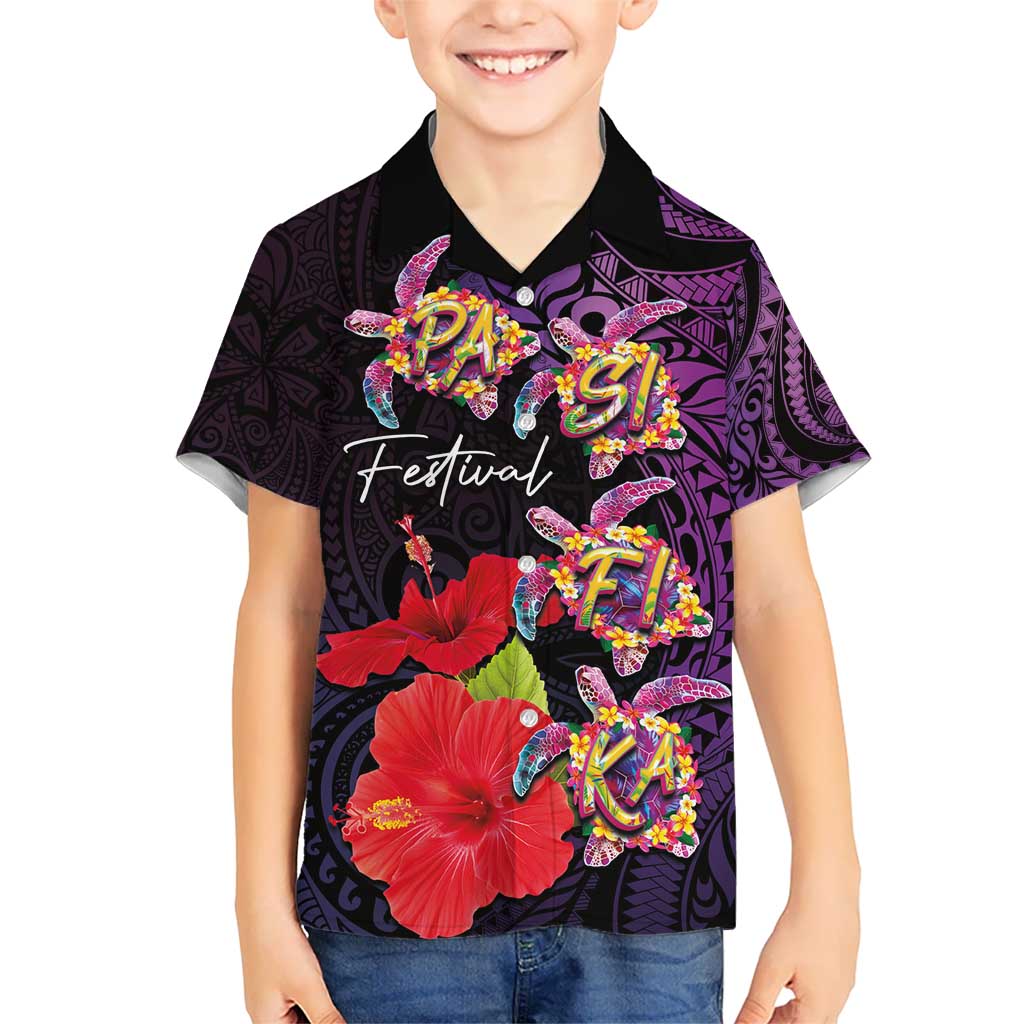 Pasifika Festival Kid Hawaiian Shirt Plumeria Turtles with Hibiscus - Polynesian Art Tattoo Purple Color