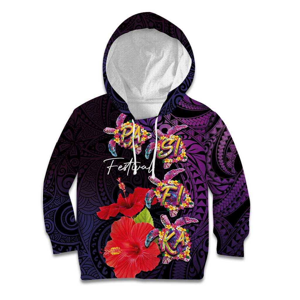 Pasifika Festival Kid Hoodie Plumeria Turtles with Hibiscus - Polynesian Art Tattoo Purple Color