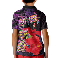 Pasifika Festival Kid Polo Shirt Plumeria Turtles with Hibiscus - Polynesian Art Tattoo Purple Color