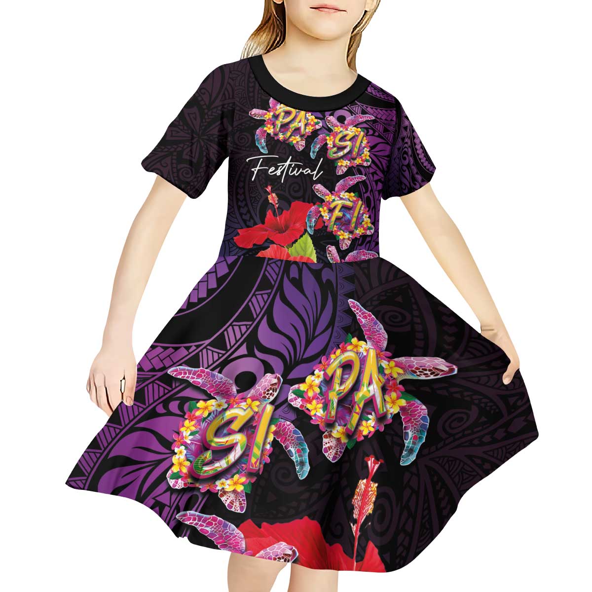 Pasifika Festival Kid Short Sleeve Dress Plumeria Turtles with Hibiscus - Polynesian Art Tattoo Purple Color