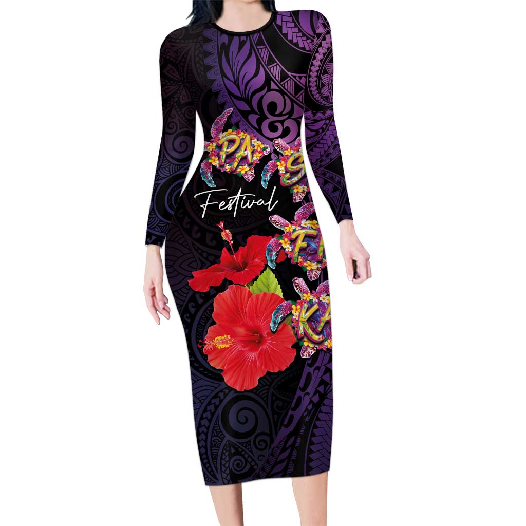 Pasifika Festival Long Sleeve Bodycon Dress Plumeria Turtles with Hibiscus - Polynesian Art Tattoo Purple Color