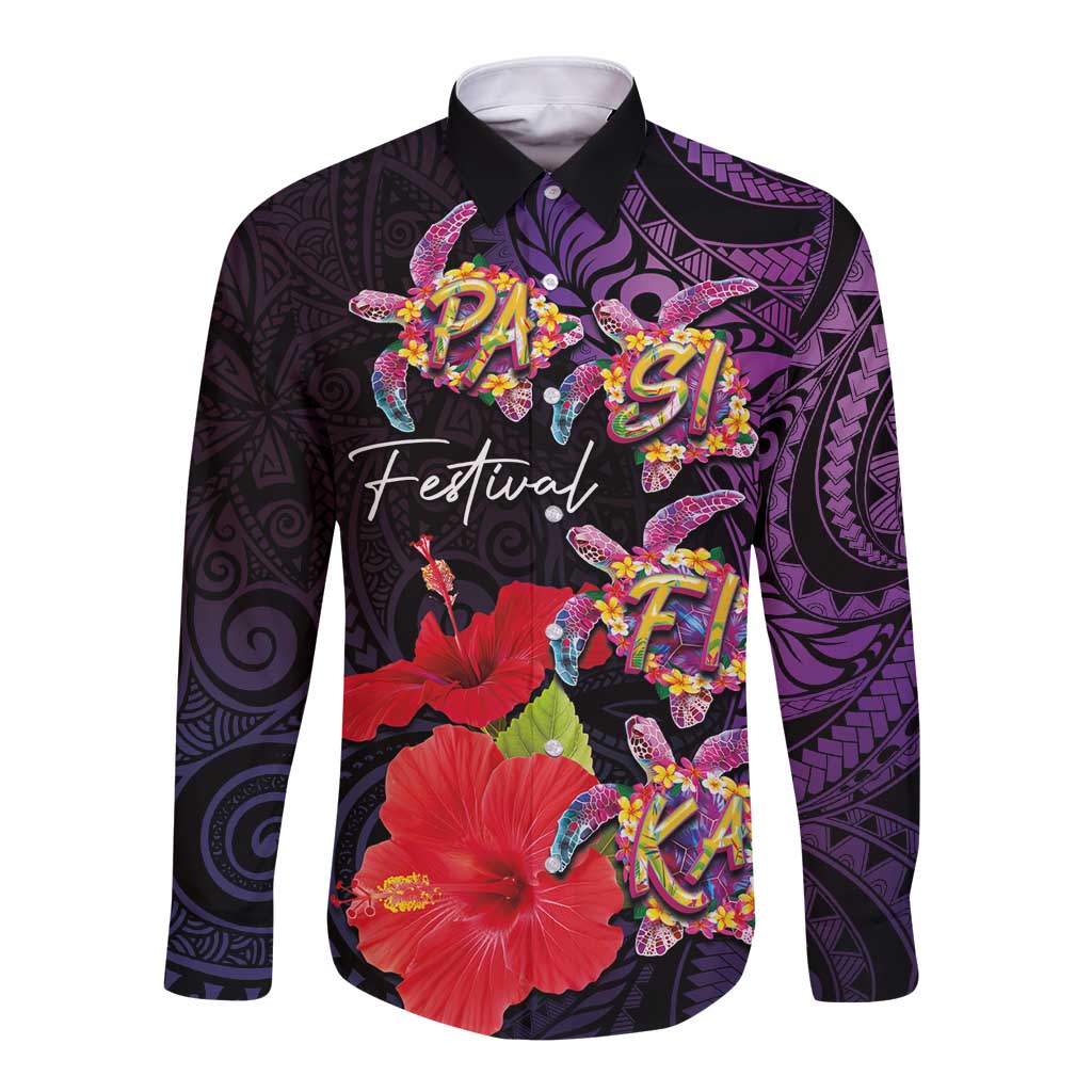 Pasifika Festival Long Sleeve Button Shirt Plumeria Turtles with Hibiscus - Polynesian Art Tattoo Purple Color