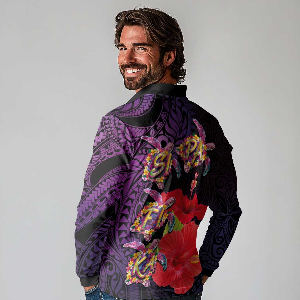 Pasifika Festival Long Sleeve Polo Shirt Plumeria Turtles with Hibiscus - Polynesian Art Tattoo Purple Color