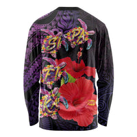 Pasifika Festival Long Sleeve Shirt Plumeria Turtles with Hibiscus - Polynesian Art Tattoo Purple Color