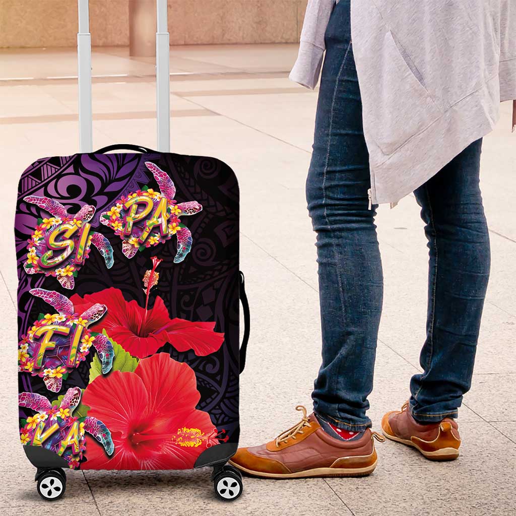 Pasifika Festival Luggage Cover Plumeria Turtles with Hibiscus - Polynesian Art Tattoo Purple Color