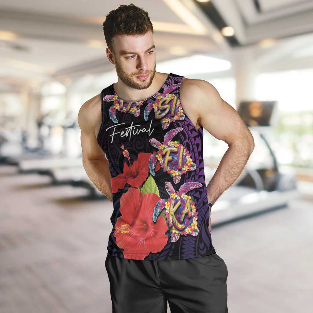 Pasifika Festival Men Tank Top Plumeria Turtles with Hibiscus - Polynesian Art Tattoo Purple Color LT03 Purple - Polynesian Pride