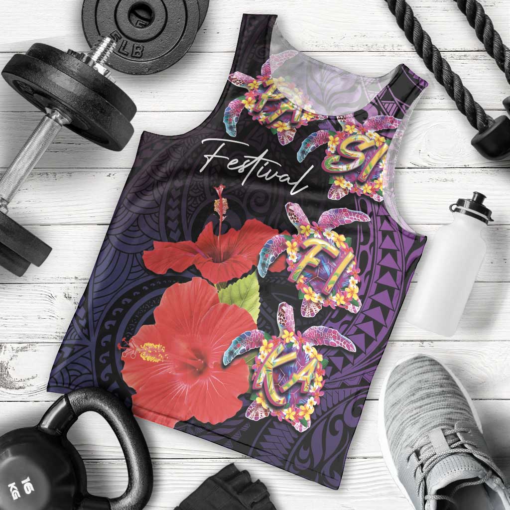 Pasifika Festival Men Tank Top Plumeria Turtles with Hibiscus - Polynesian Art Tattoo Purple Color