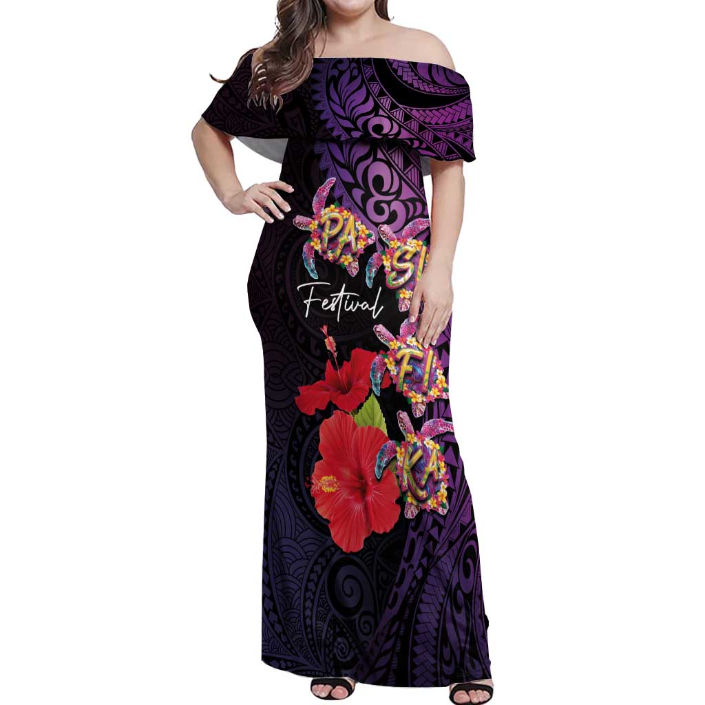 Pasifika Festival Off Shoulder Maxi Dress Plumeria Turtles with Hibiscus - Polynesian Art Tattoo Purple Color
