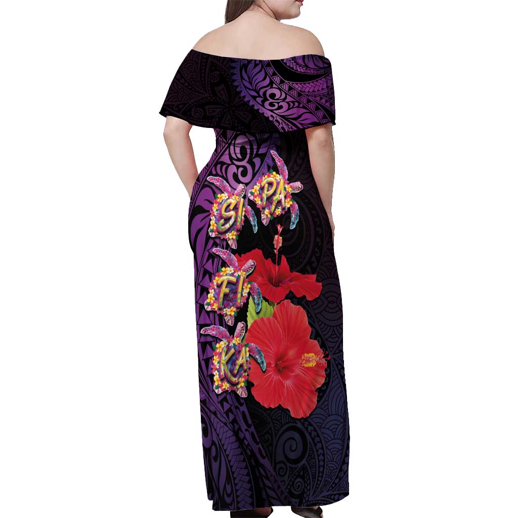 Pasifika Festival Off Shoulder Maxi Dress Plumeria Turtles with Hibiscus - Polynesian Art Tattoo Purple Color