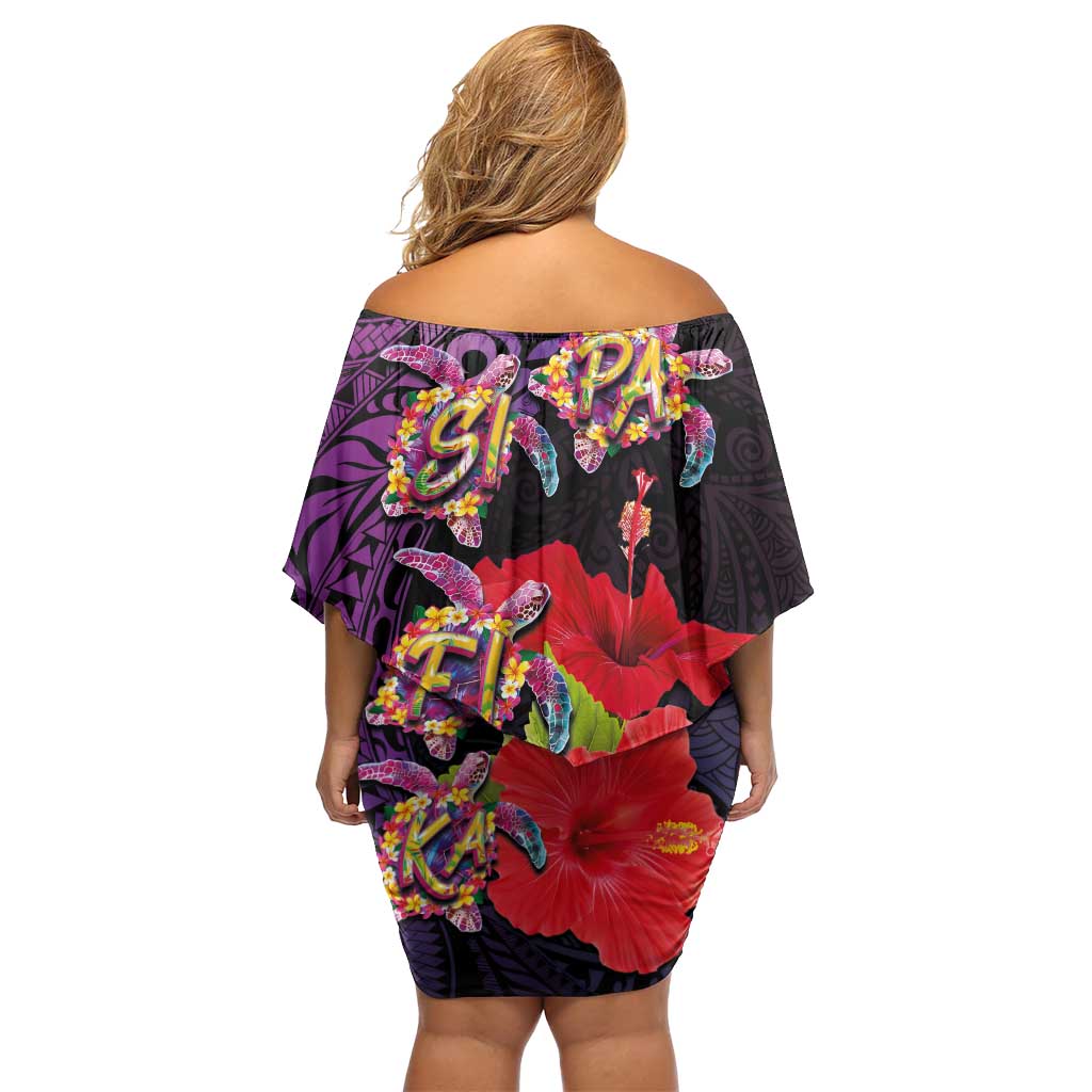 Pasifika Festival Off Shoulder Short Dress Plumeria Turtles with Hibiscus - Polynesian Art Tattoo Purple Color