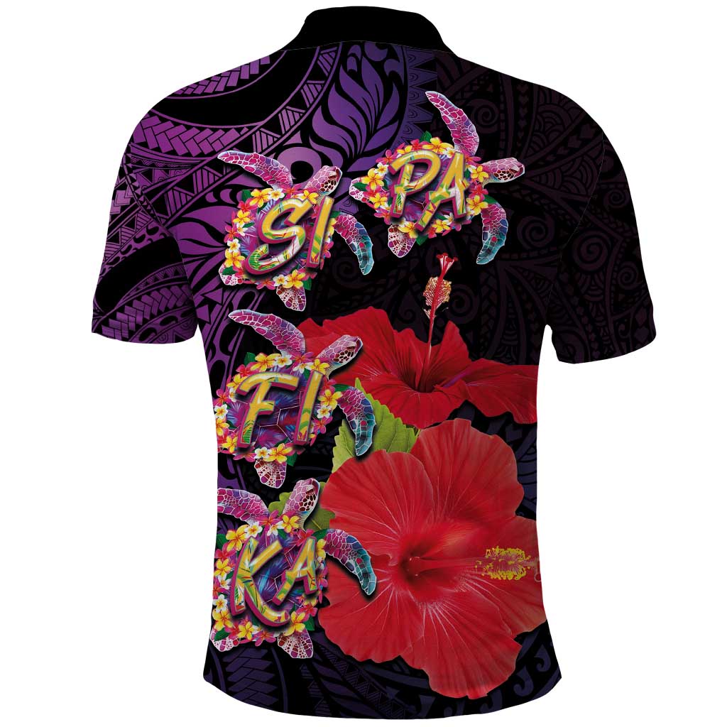 Pasifika Festival Polo Shirt Plumeria Turtles with Hibiscus - Polynesian Art Tattoo Purple Color