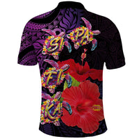 Pasifika Festival Polo Shirt Plumeria Turtles with Hibiscus - Polynesian Art Tattoo Purple Color