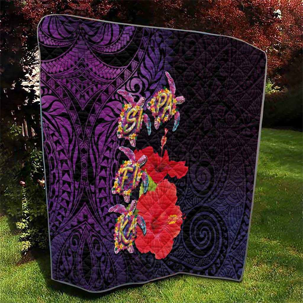 Pasifika Festival Quilt Plumeria Turtles with Hibiscus - Polynesian Art Tattoo Purple Color