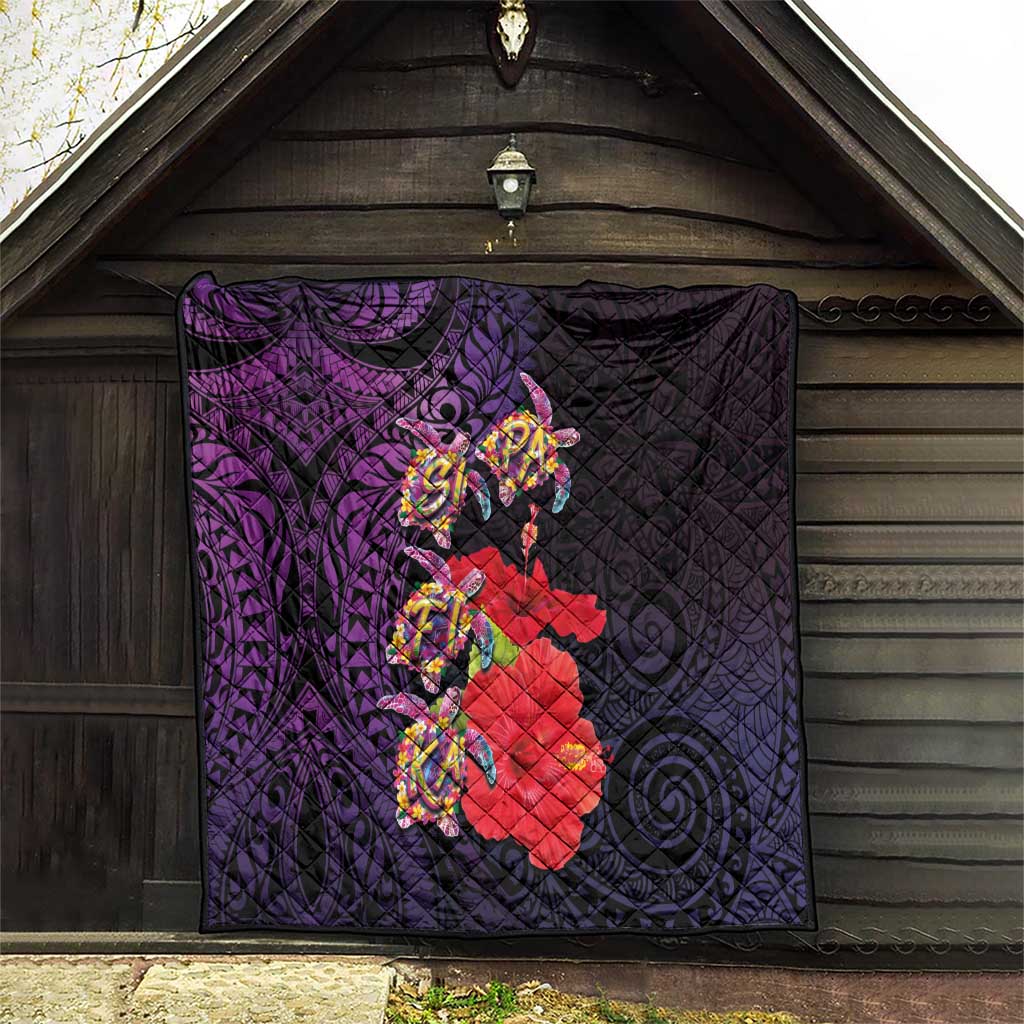 Pasifika Festival Quilt Plumeria Turtles with Hibiscus - Polynesian Art Tattoo Purple Color