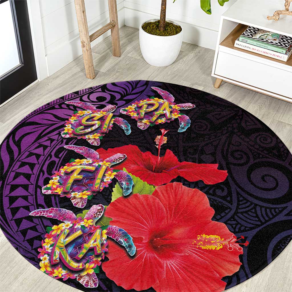 Pasifika Festival Round Carpet Plumeria Turtles with Hibiscus - Polynesian Art Tattoo Purple Color