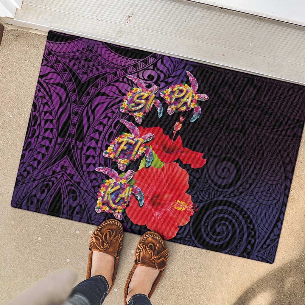 Pasifika Festival Rubber Doormat Plumeria Turtles with Hibiscus - Polynesian Art Tattoo Purple Color