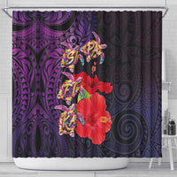 Pasifika Festival Shower Curtain Plumeria Turtles with Hibiscus - Polynesian Art Tattoo Purple Color
