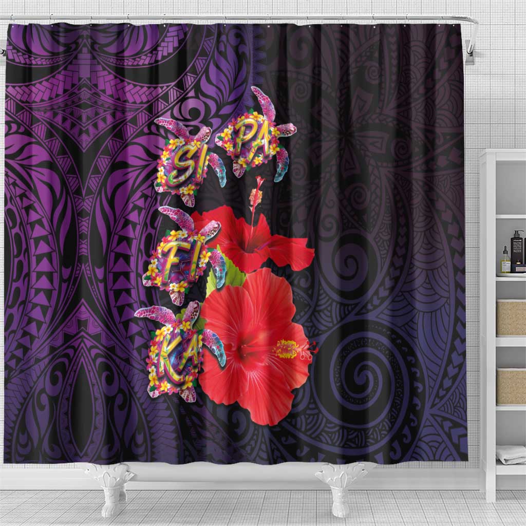 Pasifika Festival Shower Curtain Plumeria Turtles with Hibiscus - Polynesian Art Tattoo Purple Color
