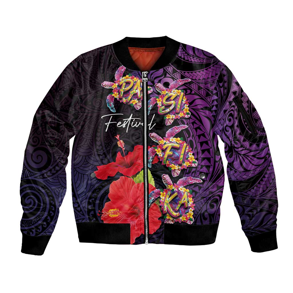 Pasifika Festival Sleeve Zip Bomber Jacket Plumeria Turtles with Hibiscus - Polynesian Art Tattoo Purple Color