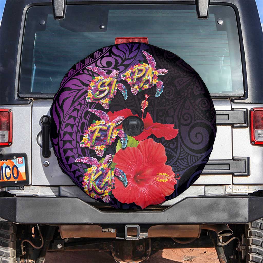 Pasifika Festival Spare Tire Cover Plumeria Turtles with Hibiscus - Polynesian Art Tattoo Purple Color LT03 Purple - Polynesian Pride