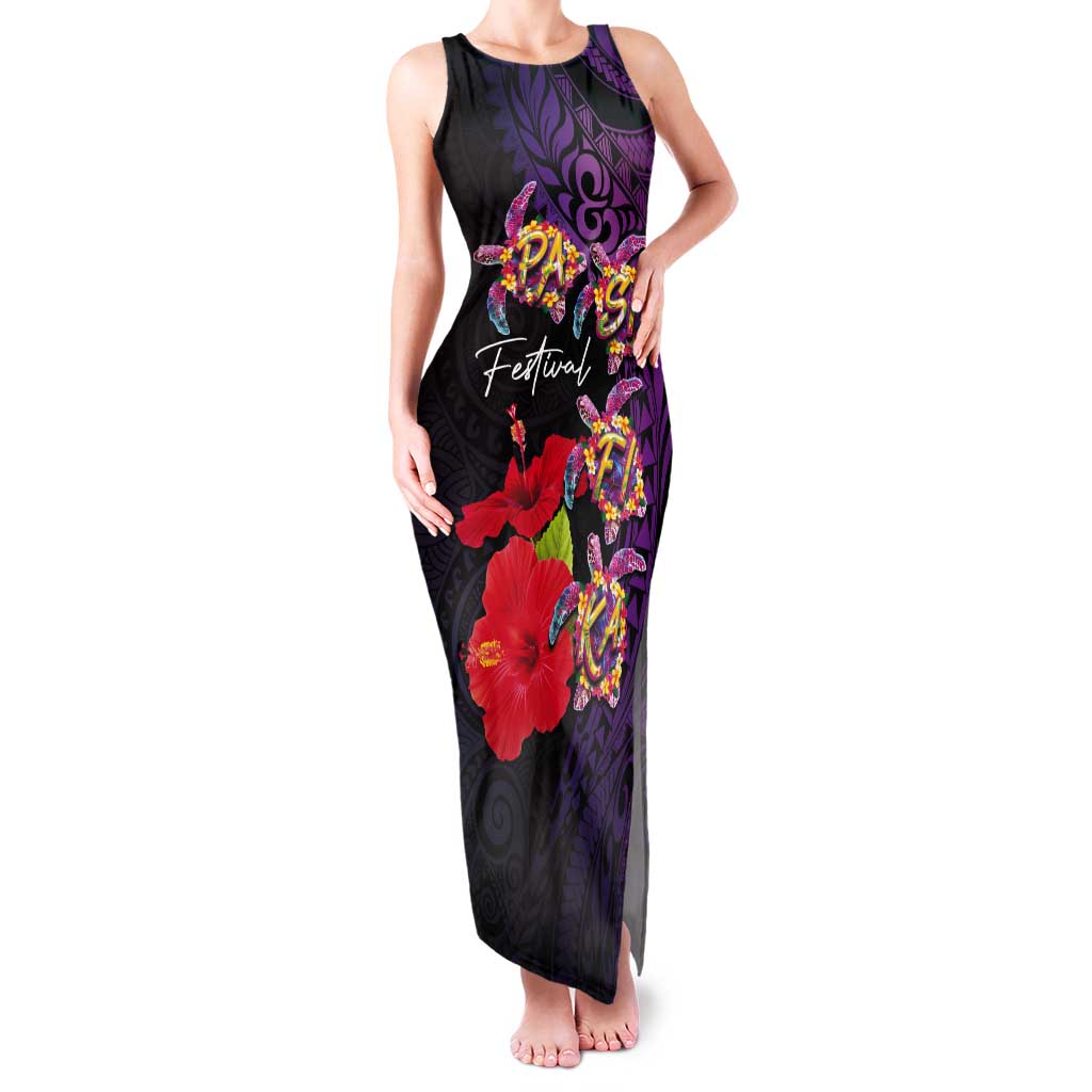 Pasifika Festival Tank Maxi Dress Plumeria Turtles with Hibiscus - Polynesian Art Tattoo Purple Color