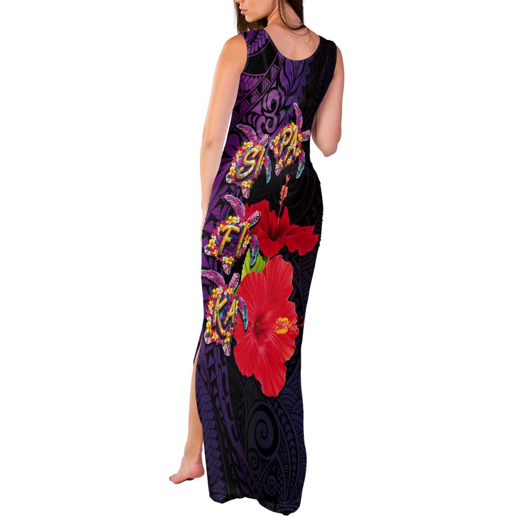Pasifika Festival Tank Maxi Dress Plumeria Turtles with Hibiscus - Polynesian Art Tattoo Purple Color